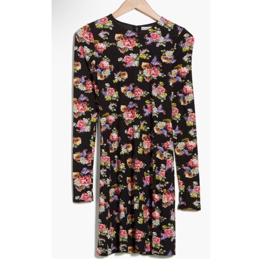 Alice + Olivia Floral Long Sleeve Mesh Mini Dress Black Multi Size 6